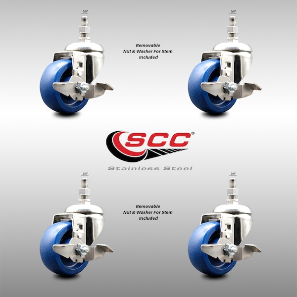 Service Caster 3.5 Inch 316SS Solid Polyurethane Swivel 3/8 Inch Threaded Stem Caster Set Brake SCC-SS316TS20S3514-SPUS-TLB-381615-4 - main